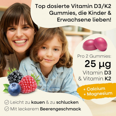 Nature's Way Store Vitamin D3 K2 Gummies 60st, Жевательные витамины D3 + K2 для детей и взрослых со вкусом лесных ягод, 60шт 