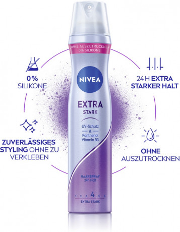 NIVEA Haarspray Extra Stark, 250 ml, Нивеа Лак для волос, пантенол и витамин B3, экстра сильная фиксация до 24ч, 250 мл