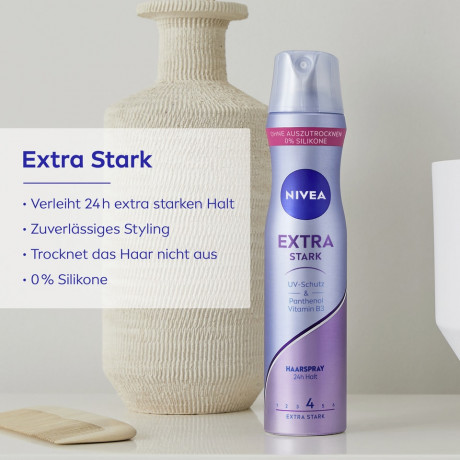 NIVEA Haarspray Extra Stark, 250 ml, Нивеа Лак для волос, пантенол и витамин B3, экстра сильная фиксация до 24ч, 250 мл