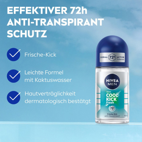 NIVEA MEN Cool Kick Fresh Anti-Transpirant Roll-On, 50 ml, Нивеа Мужской антиперспирант ролик, кактусовая вода и ментол, охлаждающий, 72ч защита, 50 мл