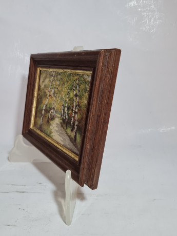 Картина винтажная в деревянной раме Willi Krug "Березовая аллея", 15,5 x 20 см, Германия, 1960-70гг.