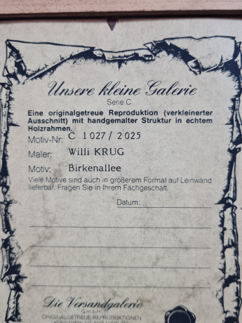 Картина винтажная в деревянной раме Willi Krug "Березовая аллея", 15,5 x 20 см, Германия, 1960-70гг.