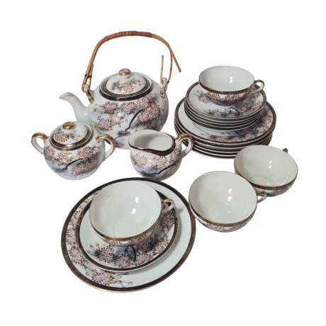 Сервиз чайный винтажный на 4 персоны "Веточки сакуры", розово-черный декор, фарфор, Китай, 1970-80гг.