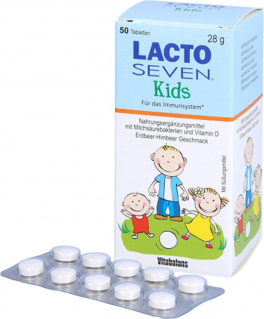 Lacto Seven Kids 50st, Уникальный состав из семи различных штаммов Пробиотик + Витамин D3 для иммунной системы, жевательные таблетки с фруктовым вкусом, 50шт