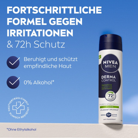 NIVEA MEN Derma Control Sensitive Anti-Transpirant Spray, 150 ml, Нивеа Мужской антиперспирант спрей, гиалурон и витамин E, для чувствительной кожи, 72ч защита, 150 мл