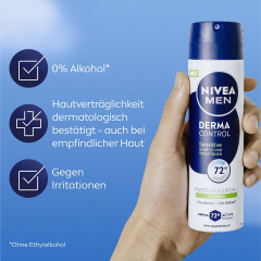 NIVEA MEN Derma Control Sensitive Anti-Transpirant Spray, 150 ml, Нивеа Мужской антиперспирант спрей, гиалурон и витамин E, для чувствительной кожи, 72ч защита, 150 мл