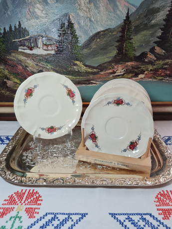 Набор тарелок винтажных Sarreguemines France, керамика с ярким цветочным узором, 5 шт х 16,5 x 2 см, Франция, 1960-70гг.