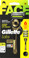 GILLETTE Rasierer, Labs Face Gold, 1 St, Джилетт Золотистый набор для бритья Labs Face: станок, 3 сменные кассеты и настенный держатель, 1 набор