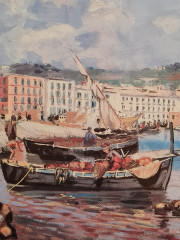 Картина винтажная &quot;Лодки у причала&quot; в раме, масло, 50,5 x 37 см, Германия, 1960-70гг.