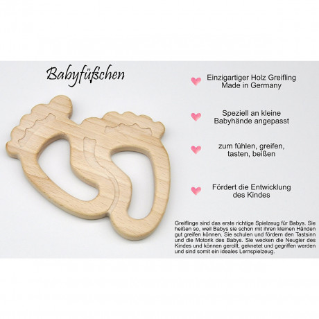 glucksWunder Holz Greifling Beissring Babyfusschen Buche personalisiert mit Name in Geschenkverpackung Деревянное кольцо для прорезывания зубов детские ножки бук персонализированное с именем в подарочной коробке