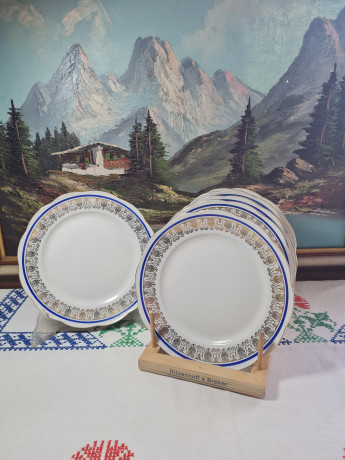 Тарелка сервировочная винтажная Wawel Poland, сине-золотой орнамент, фарфор, 21 см, 6 шт., Польша, 1970-80гг.