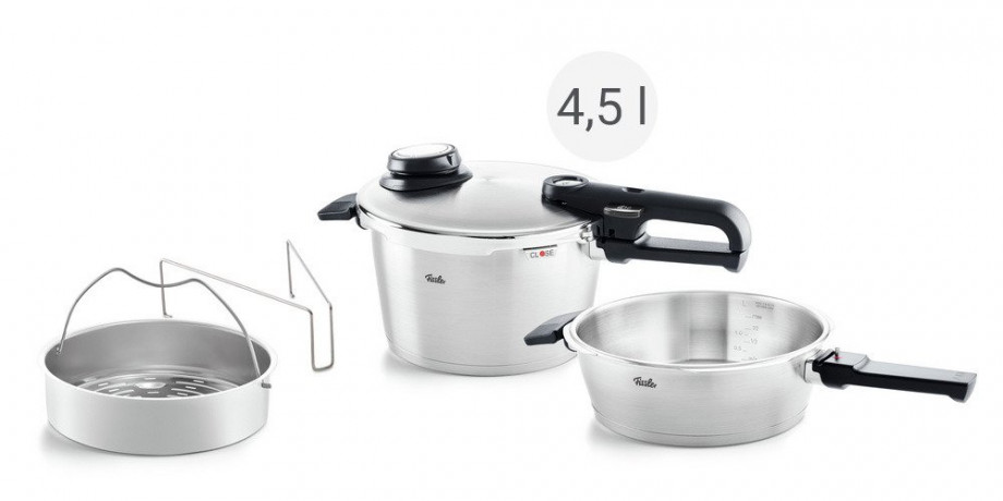 Fissler Fissler VITAVIT PREMIUM Set aus Schnellbratpfanne 2,5l + Schnellkochtopf 4,5l silber Набор Fissler VITAVIT PREMIUM, состоящий из сковороды-скороварки 2,5л + скороварки 4,5л.