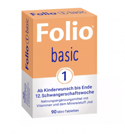 Folio 1 Basic Filmtabletten 90st, Фолиевая кислота Folio Basic 1, 90 таблеток, витамины для женщин при планировании и беременности, с йодом и витаминами B12 и D3