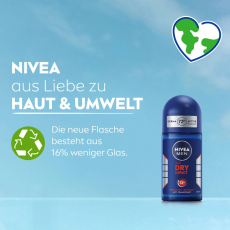 NIVEA MEN Dry Impact Anti-Transpirant Roll-On, 50 ml, Нивеа Мужской антиперспирант ролик, Dual Protect, 0% спирта, 72ч сухость, 50 мл