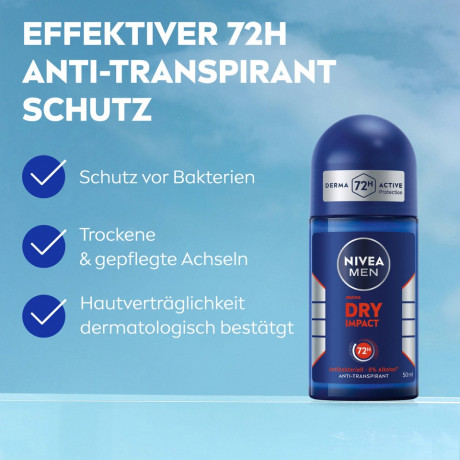 NIVEA MEN Dry Impact Anti-Transpirant Roll-On, 50 ml, Нивеа Мужской антиперспирант ролик, Dual Protect, 0% спирта, 72ч сухость, 50 мл