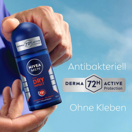 NIVEA MEN Dry Impact Anti-Transpirant Roll-On, 50 ml, Нивеа Мужской антиперспирант ролик, Dual Protect, 0% спирта, 72ч сухость, 50 мл