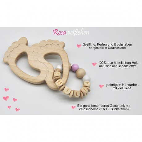 glucksWunder Holz Greifling Beissring Babyfusschen Buche personalisiert mit Name in Geschenkverpackung Деревянное кольцо для прорезывания зубов детские ножки бук персонализированное с именем в подарочной коробке