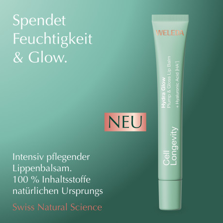 WELEDA Cell Longevity Hydra Glow Plump & Gloss Lip Balm, 12 ml, Бальзам для губ Hydra Glow Plump & Gloss с гиалуроновой кислотой HA7 и глянцевым финишем, 12 мл