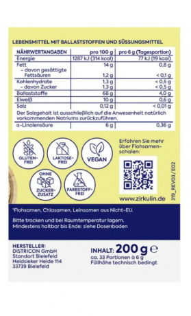 Zirkulin Flohsamen Schalen 200g, Псилиум + апельсин + семена льна + семена чиа, 200 г