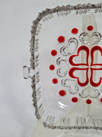 Фруктовница винтажная Walther Glas, квадратная, с красным декором, стекло, 19 х 16.5 см, Германия, 1970-80гг.