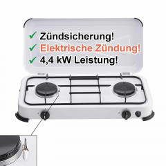 BlueCraft BlueCraft Gaskocher, (Gas-Kochfeld 2 flammen Propangas, Gasherd 50 mbar), Campingkocher 2-flammig, mit Zundsicherung und elektrischer Zundung  Газовая плита BlueCraft (газовая плита, 2 конфорки, пропан, газовая плита 50 мбар), походная плита, 2 