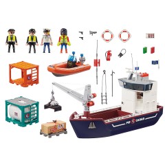 PLAYMOBIL 2er Set: 70769 Grosses Containerschiff mit Zollboot + 70772 Gabelstapler mit Fracht Набор из 2 предметов: 70769 Большой контейнеровоз с таможенной лодкой + 70772 Вилочный погрузчик с грузом