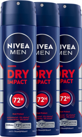 NIVEA MEN Dry Impact Anti-Transpirant Spray Vorteilsset, 450 ml (3x150 ml), Нивеа Мужской антиперспирант спрей, Dual Protect, 0% спирта, 72ч сухость, набор, 450 мл