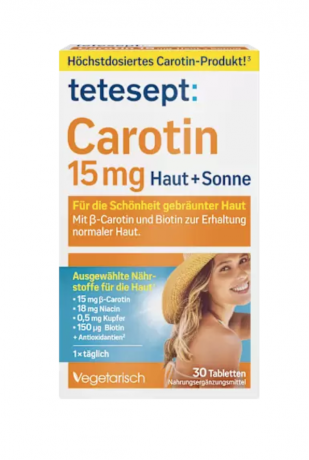 Tetesept Carotin15mg haut + sonne 30st, Каротин с витаминами и минералами для красоты кожи 30 шт.