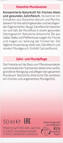 WELEDA ZAHNPFLEGE Ratanhia-Mundwasser, 50 ml, Концентрированный ополаскиватель для рта Ratanhia с ратанией и миррой, 50 мл