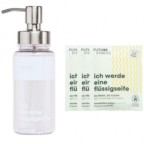 FUTURE STORIES Vorteilskit 3er Set Flussigseifen Pulver Koriander & Limette inkl. Pumpspender Набор Advantage Kit из 3 жидких мыльных порошков с кориандром и лаймом, включая помпу-дозатор