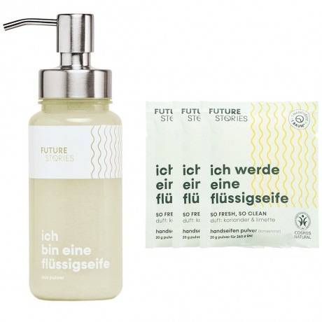FUTURE STORIES Vorteilskit 3er Set Flussigseifen Pulver Koriander & Limette inkl. Pumpspender Набор Advantage Kit из 3 жидких мыльных порошков с кориандром и лаймом, включая помпу-дозатор