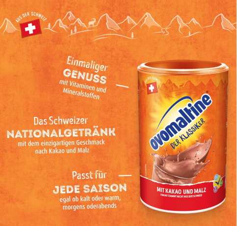 Ovomaltine Getrankepulver 500g, напиток растворимый шоколадно-солодовый (Швейцария), порошок, энергия и витамины, с какао и ячменным солодом, 500 г