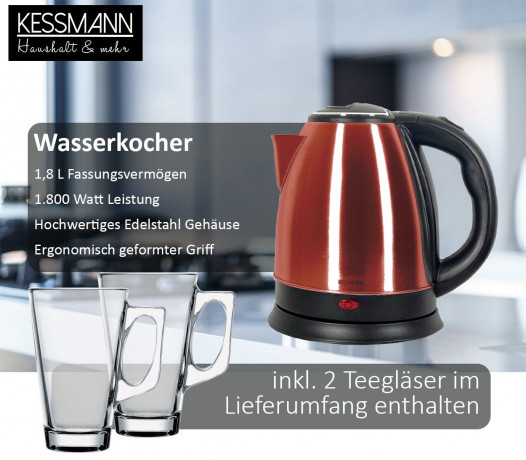 KESSMANN MICHELINO KESSMANN MICHELINO Wasserkocher Edelstahl 1,8 L Abschaltautomatik elektrischer Kettle 2 Teeglaser rot, 1.8 l, 1800,00 W, Wasseraufbereiter Schnelles aufheizen Wasser heizen kochen Aufwarmen  Чайник KESSMANN MICHELINO нержавеющая сталь 1