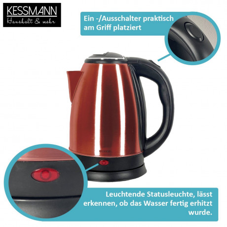 KESSMANN MICHELINO KESSMANN MICHELINO Wasserkocher Edelstahl 1,8 L Abschaltautomatik elektrischer Kettle 2 Teeglaser rot, 1.8 l, 1800,00 W, Wasseraufbereiter Schnelles aufheizen Wasser heizen kochen Aufwarmen  Чайник KESSMANN MICHELINO нержавеющая сталь 1