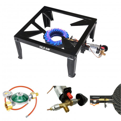 BlueCraft BlueCraft Gaskocher, (mit Piezozundung, Zundsicherung, inkl. Gasschlauch und Manometer-Gasregler), 10,5 kW 4 Fuss Hockerkocher Campingkocher Gasbrenner 4 Bein  Газовая плита BlueCraft, (с пьезоподжигом, предохранителем зажигания, включая газовый