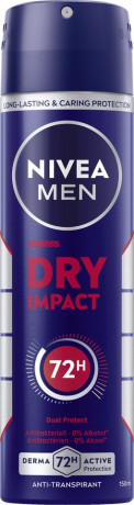 NIVEA MEN Dry Impact Anti-Transpirant Spray, 150 ml, Нивеа Мужской антиперспирант спрей, Dual Protect, 0% спирта, 72ч сухость, 150 мл