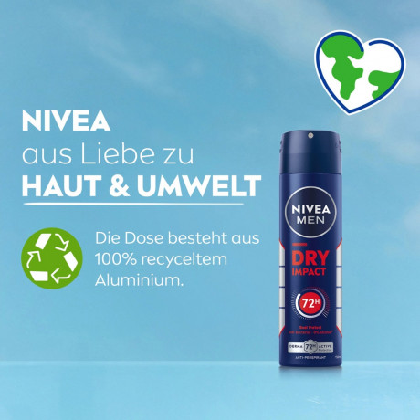 NIVEA MEN Dry Impact Anti-Transpirant Spray, 150 ml, Нивеа Мужской антиперспирант спрей, Dual Protect, 0% спирта, 72ч сухость, 150 мл