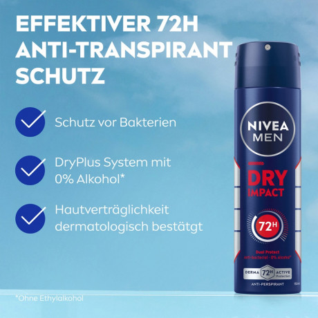 NIVEA MEN Dry Impact Anti-Transpirant Spray, 150 ml, Нивеа Мужской антиперспирант спрей, Dual Protect, 0% спирта, 72ч сухость, 150 мл