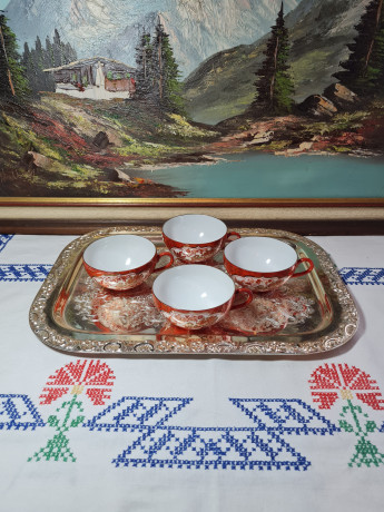 Набор чашек винтажных, фарфор с ярким декором в японском стиле, 4 шт х 12,5 x 5 см, Япония, 1960-70гг.