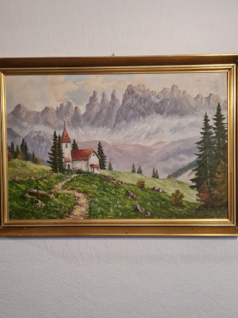 Картина винтажная "Горный пейзаж с домиком", 66 x 46,5 см, Германия, 1960-70гг.