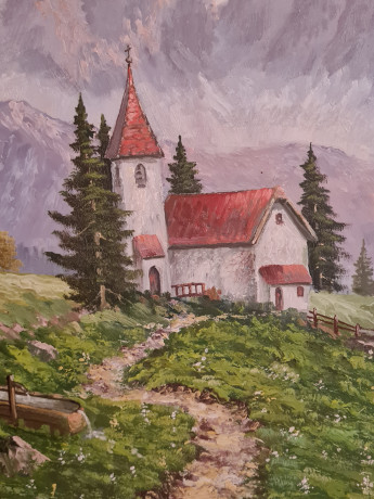 Картина винтажная "Горный пейзаж с домиком", 66 x 46,5 см, Германия, 1960-70гг.