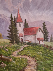 Картина винтажная &quot;Горный пейзаж с домиком&quot;, 66 x 46,5 см, Германия, 1960-70гг.