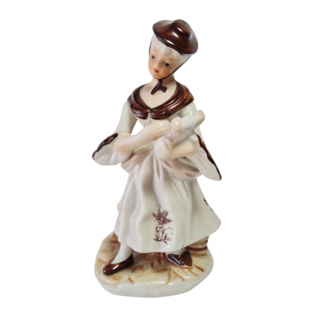 Фигурка винтажная "Леди в бело-коричневом платье с музыкальным инструментом", фарфор, 17 см, Тайвань, 1960-70гг.