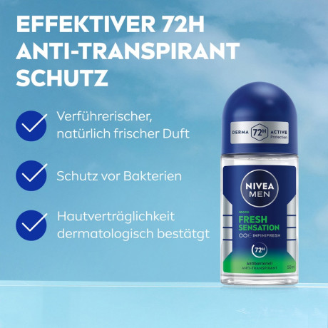 NIVEA MEN Fresh Sensation Anti-Transpirant Roll-On, 50 ml, Нивеа Мужской антиперспирант ролик, формула INFINIFRESH, стойкий аромат, 72ч защита, 50 мл