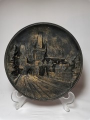 Prague Charles Bridge, Декоративное рельефное панно &quot;Ночная Прага в золоте&quot; с трехмерным изображением Карлова моста, дерево, 20см, Чехия 1950г.