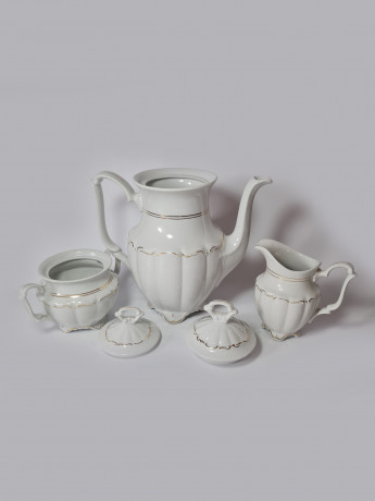 Walbrzych Poland Белый фарфоровый чайный набор с позолотой: чайник, сахарница, молочник, Польша, 1960-70гг.