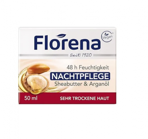  Florena Night Cream Sheabutter and arganol 50 ml x 2st, Крем для лица Florena с маслом ши и арганы, 48 часов увлажнения, для очень сухой кожи, ночной уход, питательный и восстанавливающий Набор 2 шт х 50 мл