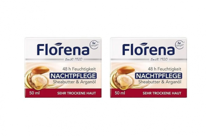  Florena Night Cream Sheabutter and arganol 50 ml x 2st, Крем для лица Florena с маслом ши и арганы, 48 часов увлажнения, для очень сухой кожи, ночной уход, питательный и восстанавливающий Набор 2 шт х 50 мл