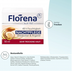 Florena Night Cream Sheabutter and arganol 50 ml x 2st, Крем для лица Florena с маслом ши и арганы, 48 часов увлажнения, для очень сухой кожи, ночной уход, питательный и восстанавливающий Набор 2 шт х 50 мл