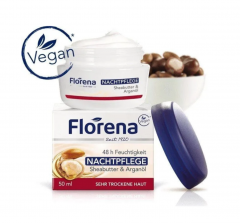 Florena Night Cream Sheabutter and arganol 50 ml x 2st, Крем для лица Florena с маслом ши и арганы, 48 часов увлажнения, для очень сухой кожи, ночной уход, питательный и восстанавливающий Набор 2 шт х 50 мл